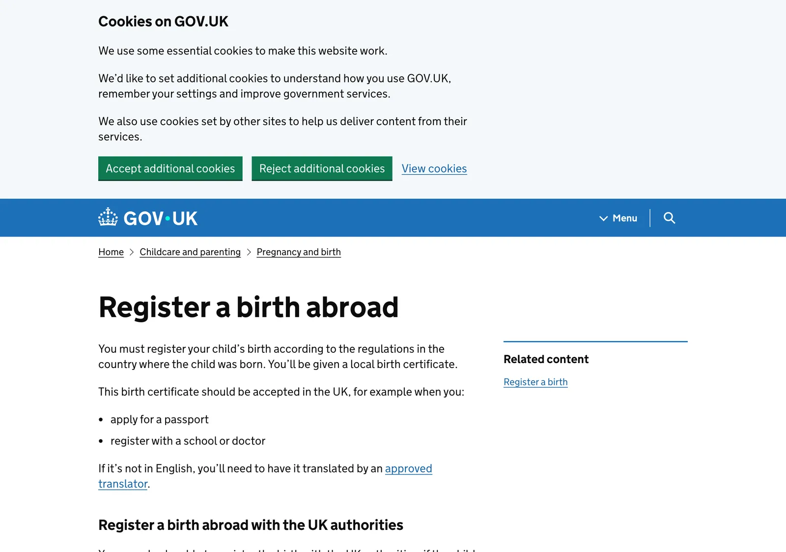 GOV.UK page titled Register a birth abroad, with the opening paragraph about local registration.