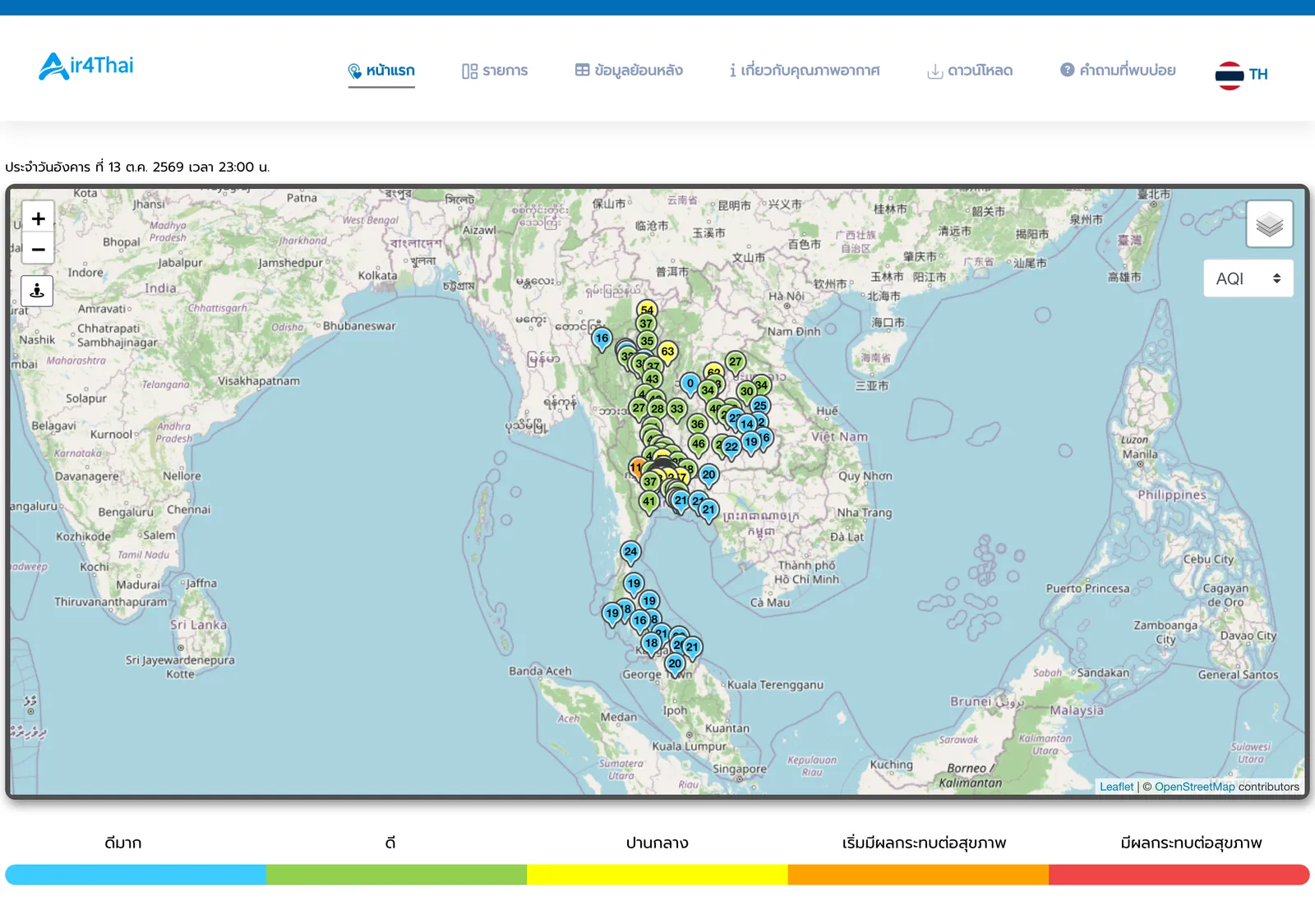 Air4Thai home page with a map of Southeast Asia dotted with monitoring stations above a five-colour air quality scale.