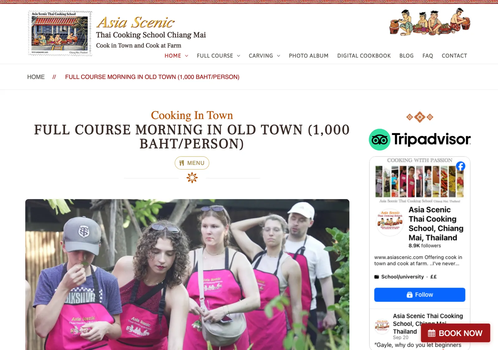 Asia Scenic web page for the Old Town morning class, with a photo of guests in pink aprons.