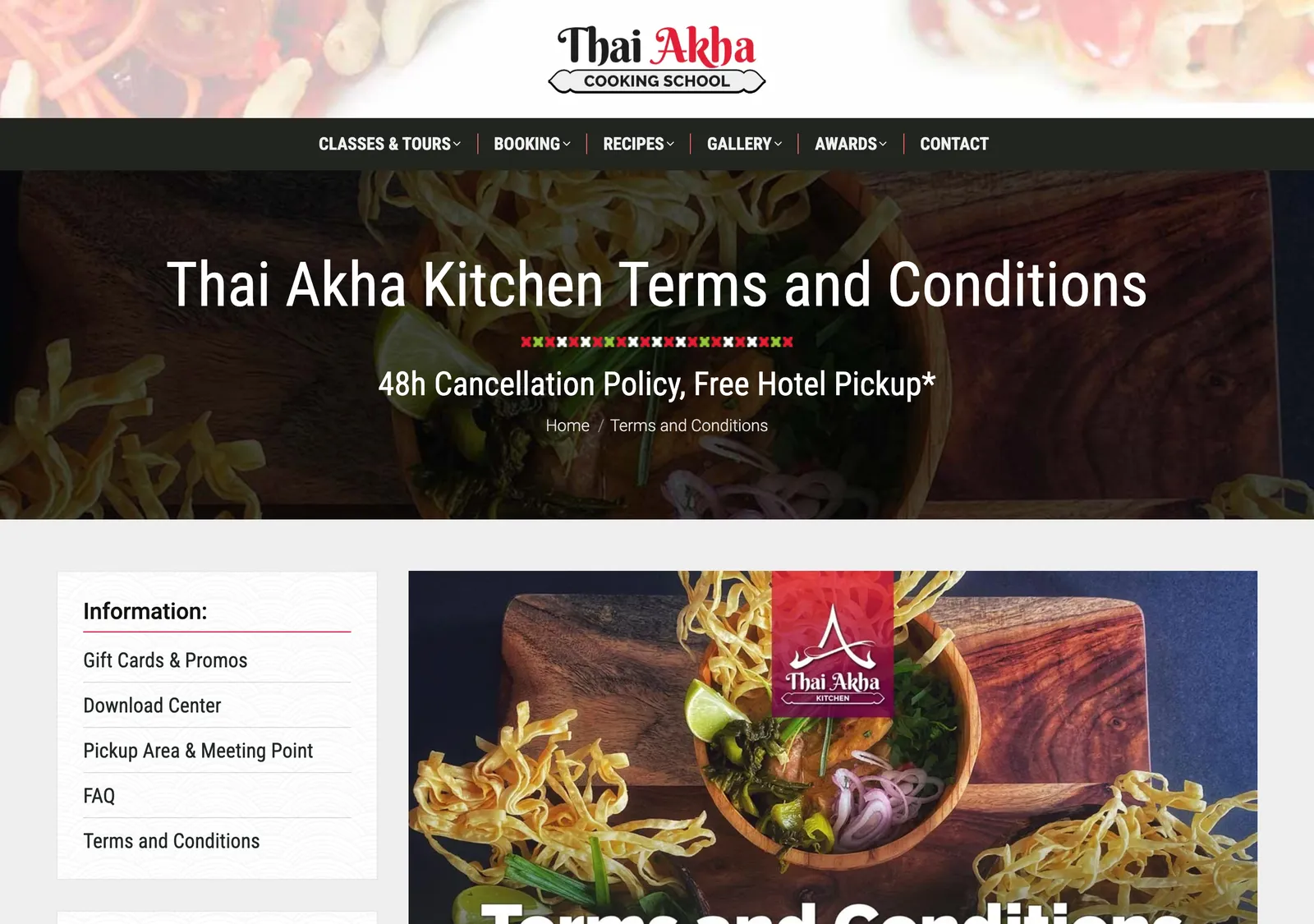 Thai Akha Kitchen terms page with the heading 48h Cancellation Policy, Free Hotel Pickup.