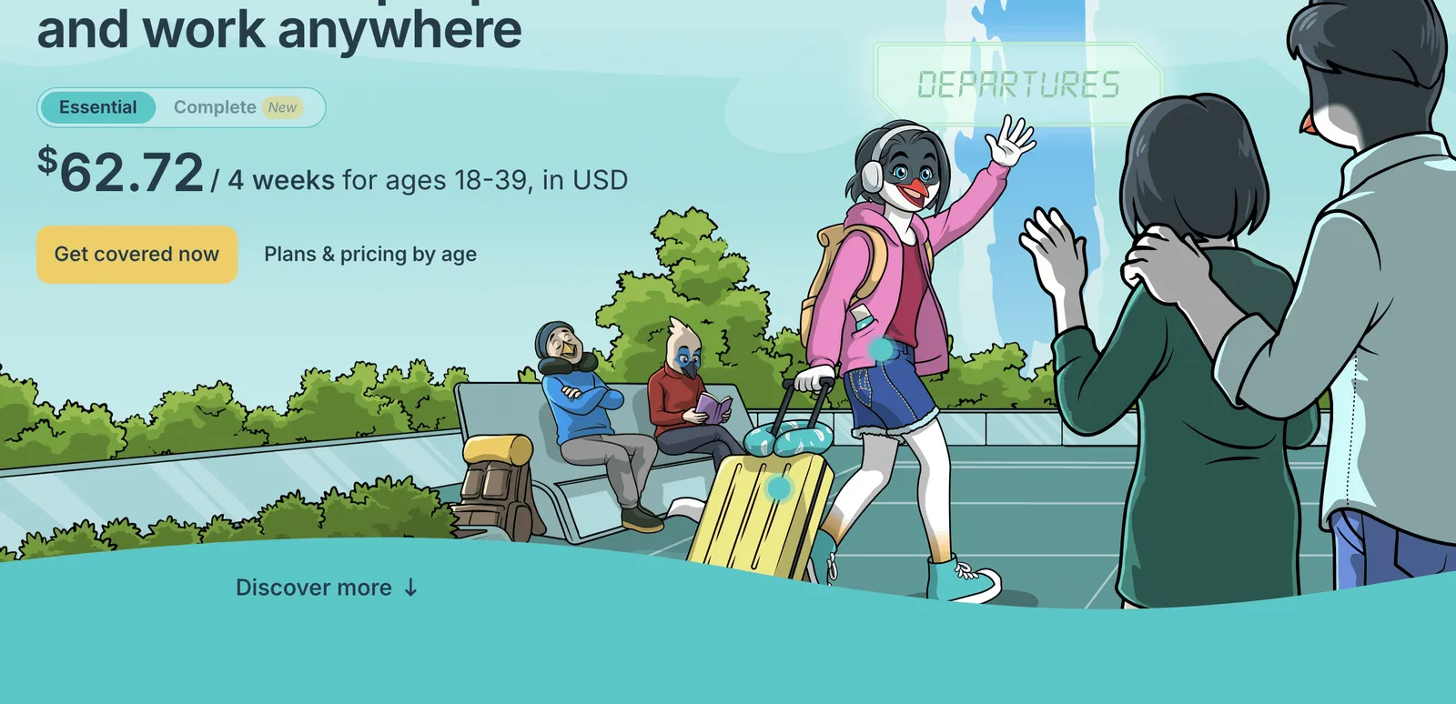 SafetyWing page with an Essential plan price per four weeks and a cartoon traveller with a suitcase.