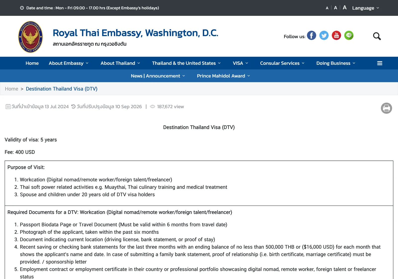 Embassy web page headed Destination Thailand Visa with validity, fee and a boxed list of purposes.