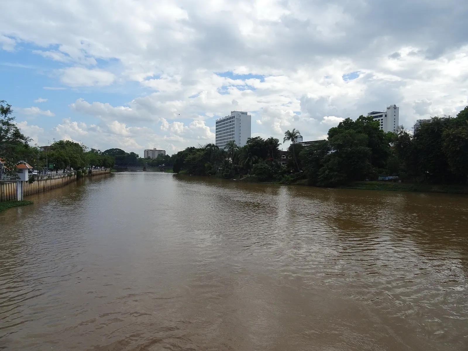 Wide brown river with a walled bank on the left and trees and buildings along the far side under clouds.