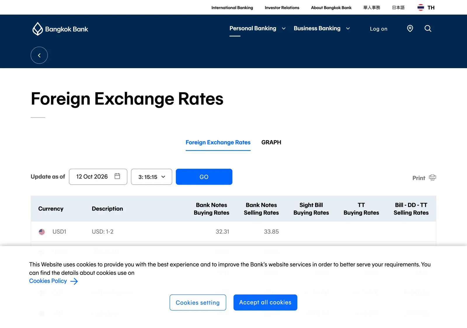 Bangkok Bank Foreign Exchange Rates page with a table of bank-note buying and selling rates by currency.