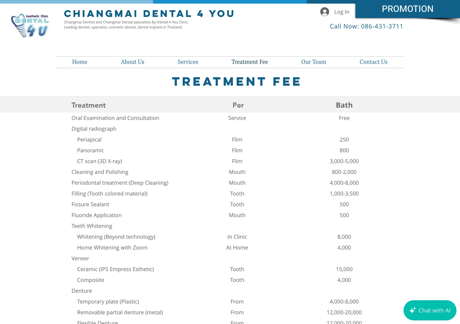 Treatment Fee table on the Dental 4 U website listing radiographs, cleaning, fillings and whitening