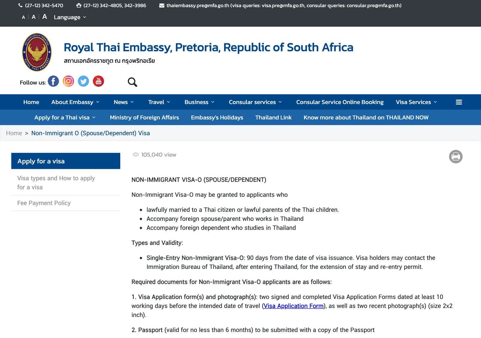 Royal Thai Embassy Pretoria web page titled Non-Immigrant Visa-O (spouse/dependent), listing the applicant groups and the start of the document list.