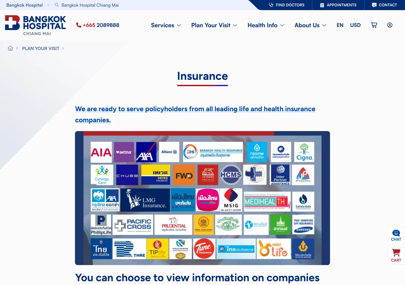 Bangkok Hospital Chiang Mai Insurance page with an A to Z list of insurance companies that have contracts with the hospital.