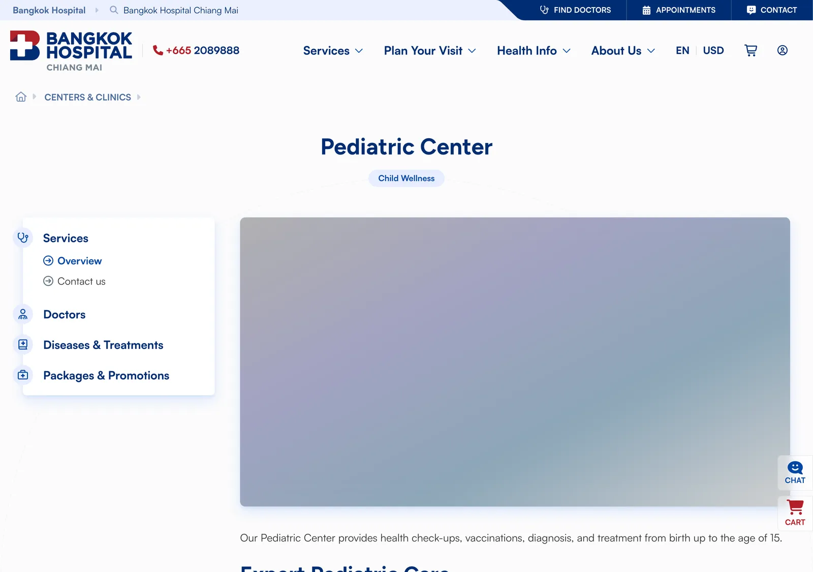 Bangkok Hospital Chiang Mai Pediatric Center overview page describing check-ups, vaccinations and treatment from birth to age 15.