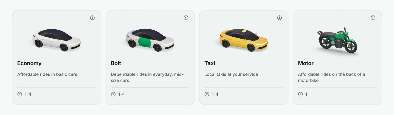 Four cards showing Economy, Bolt, Taxi and Motor ride categories with a car or motorbike icon