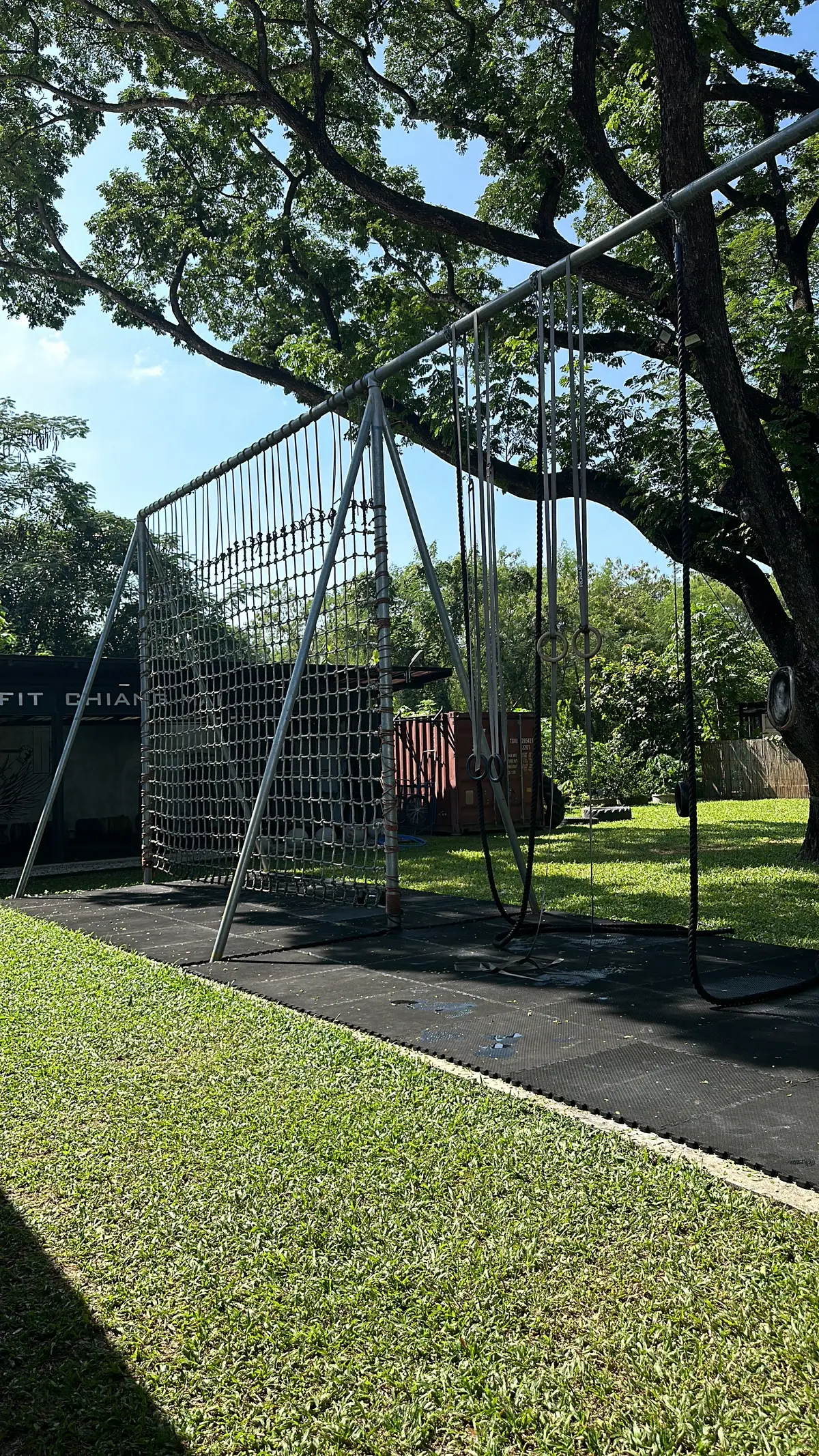 Outdoor training area with a climbing net and ropes on grass under a large tree.