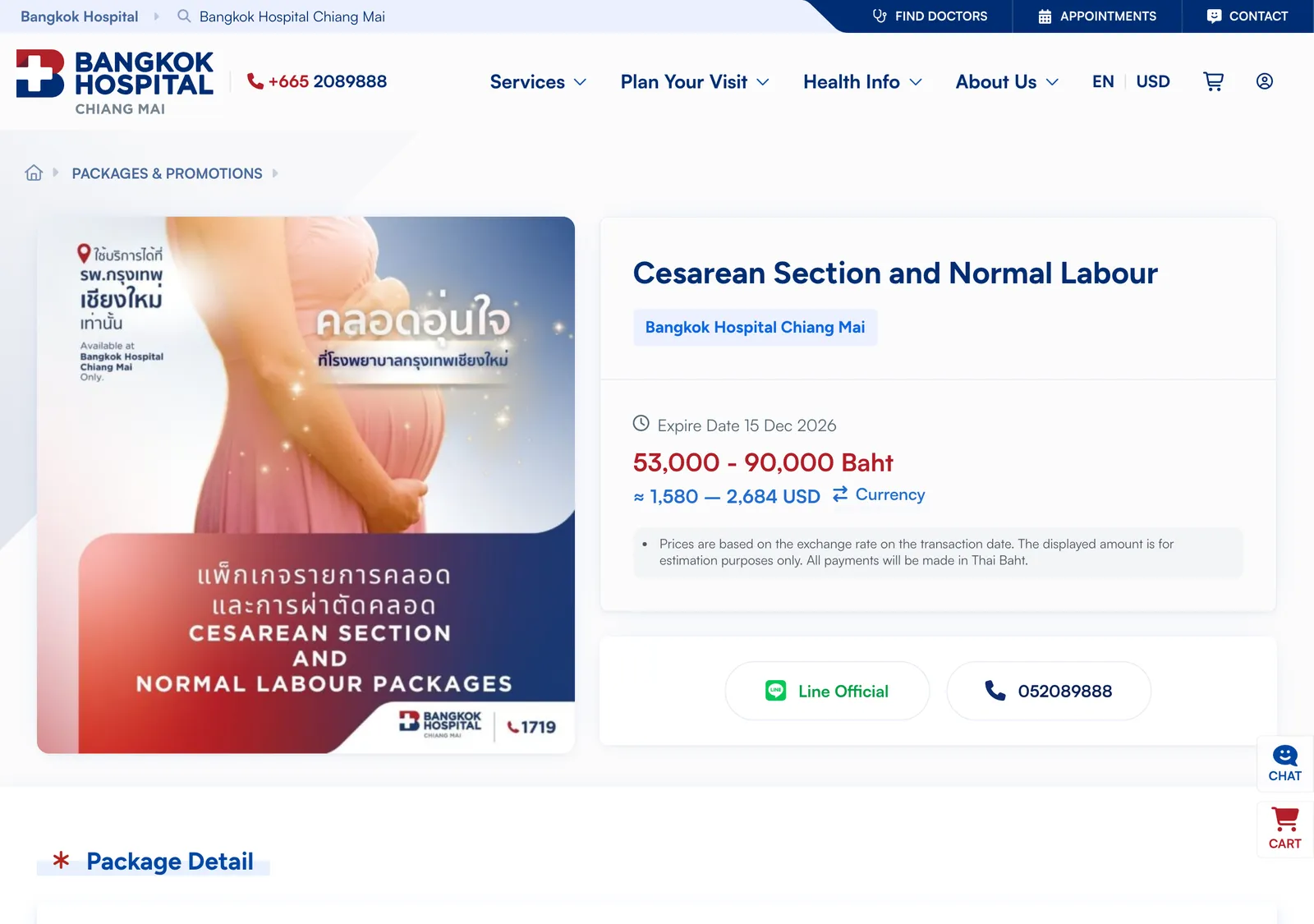 Bangkok Hospital Chiang Mai package page for Cesarean Section and Normal Labour with a price range and a Line button.