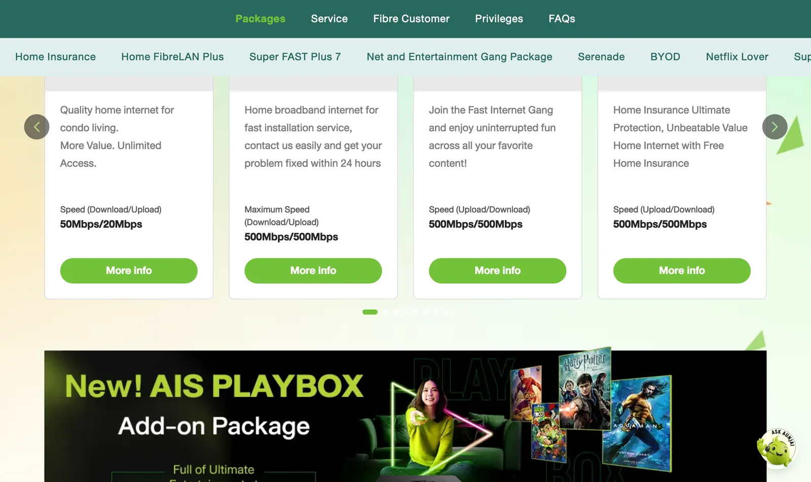 AIS Fibre package page with cards for the condo plan, BROADBAND24 and other plans, each with speeds.