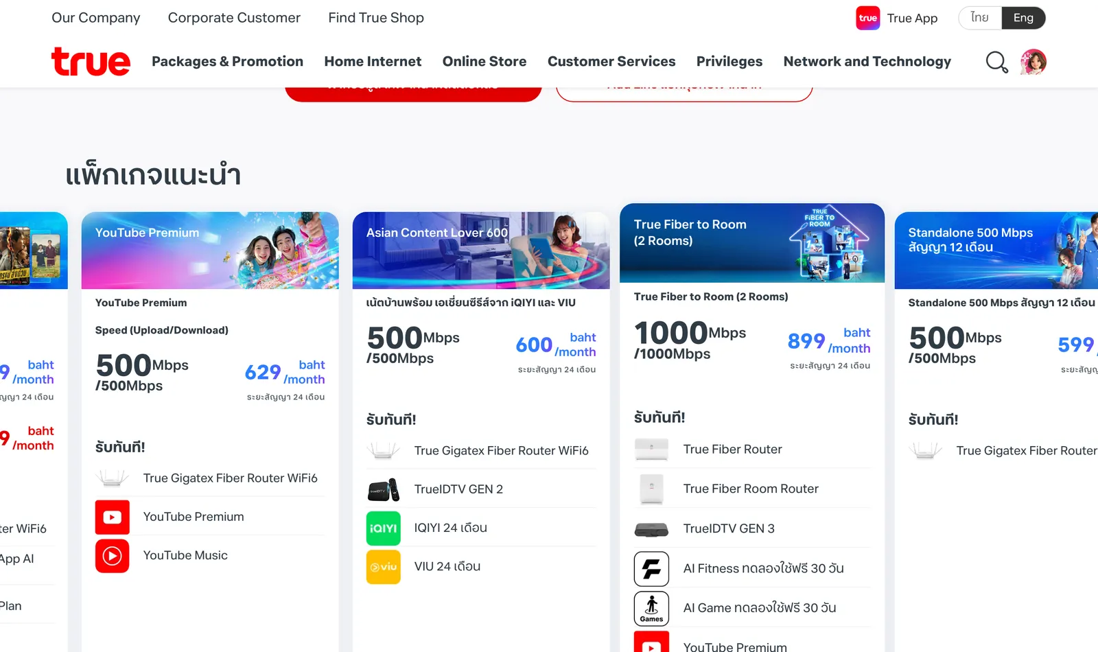 True Online package cards with prices per month and included routers, including a standalone plan card.