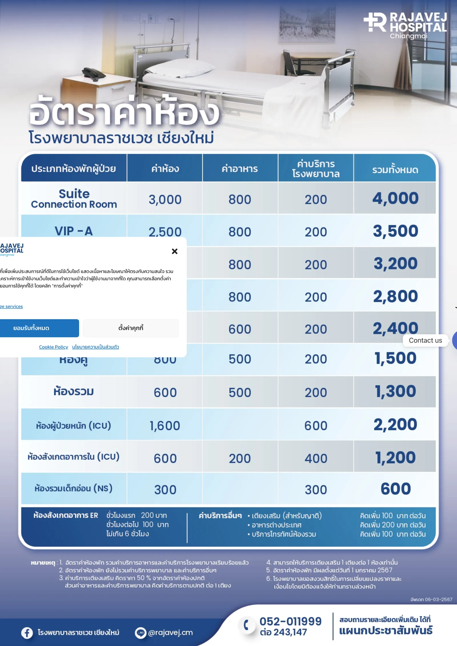 Rajavej Chiang Mai Hospital room-rate sheet with columns for room, food, hospital service and total, partly covered by a cookie notice.