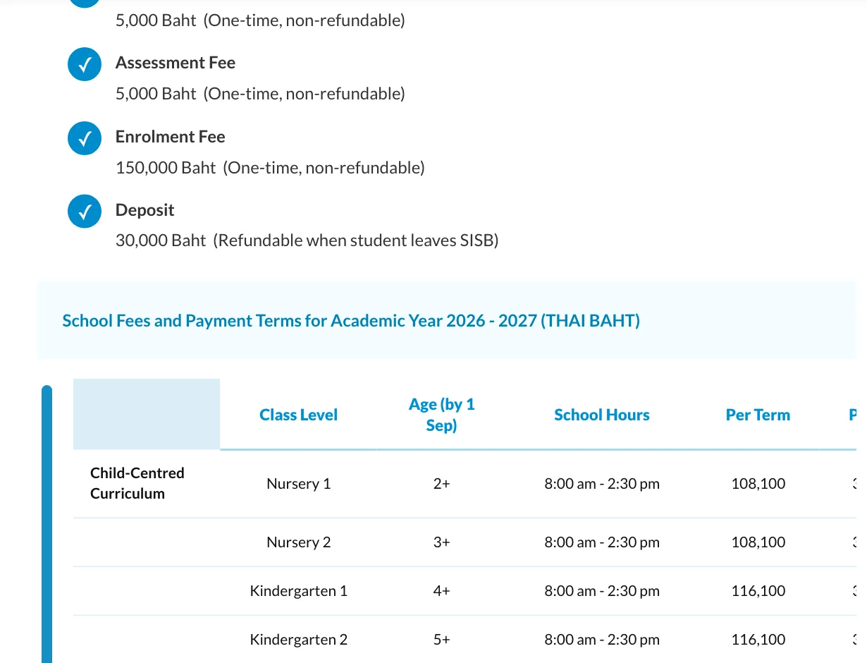List of initial charges above the start of a tuition table on the SISB Chiang Mai fees page