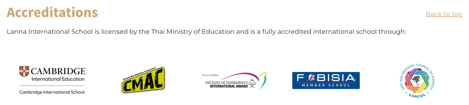 Accreditations heading with a licence sentence and five organisation logos on the Lanna website