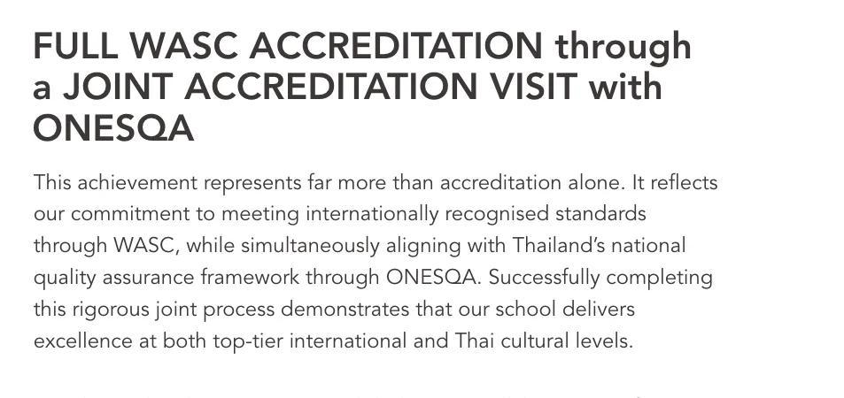 Heading announcing full WASC accreditation with a joint ONESQA visit, above a paragraph of text