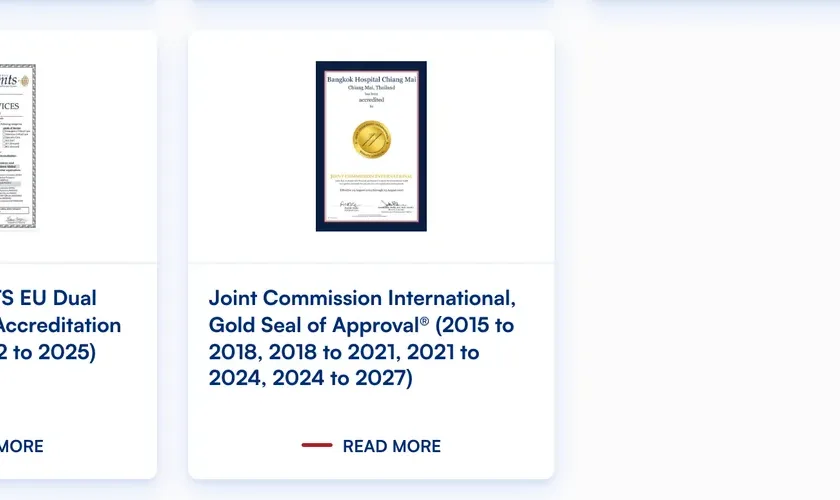 Two award cards on Bangkok Hospital Chiang Mai's awards page: one for medical transport accreditation and one for Joint Commission International.