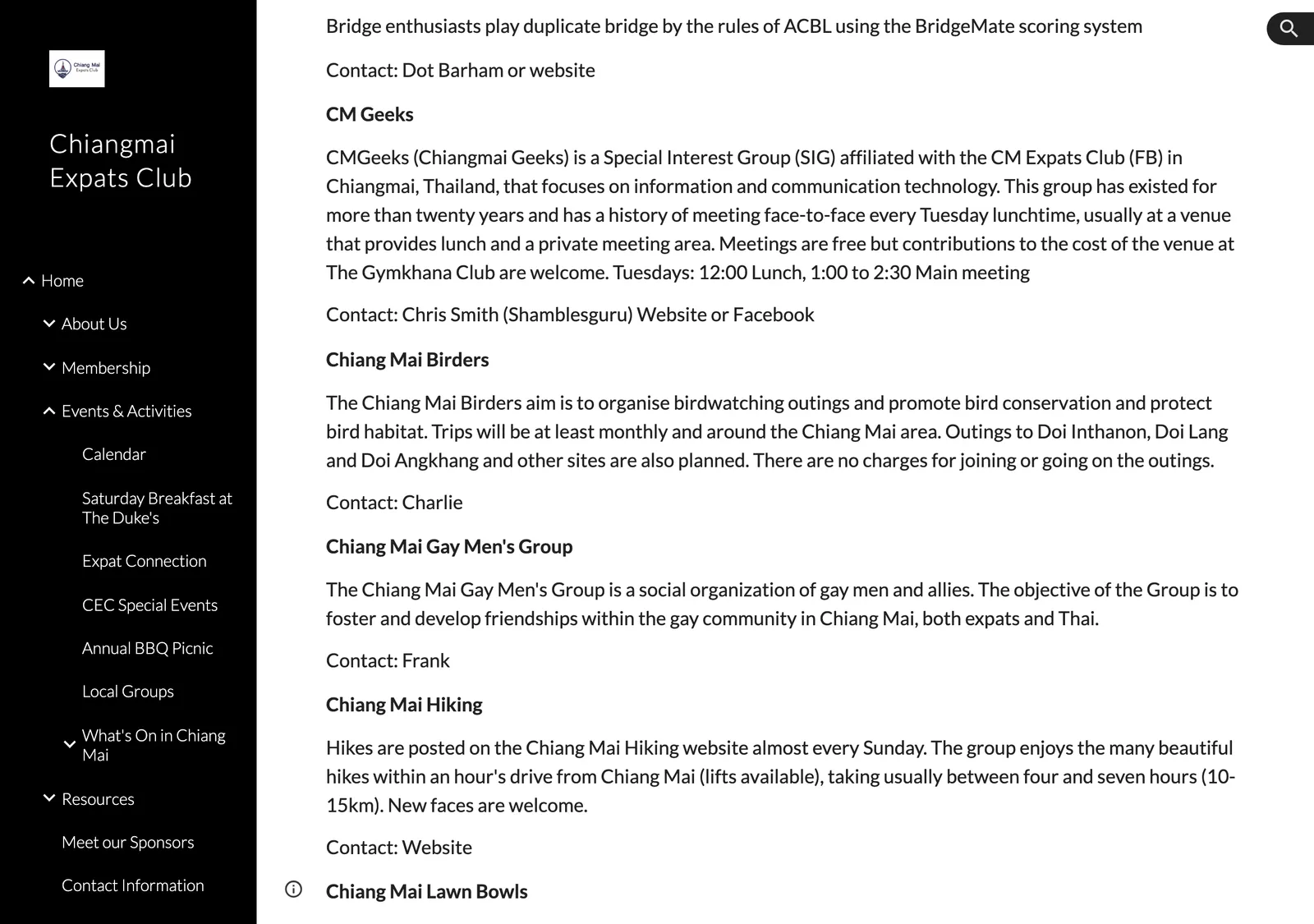 Chiang Mai Expats Club Local Groups page listing hobby groups such as bridge, geeks and birders