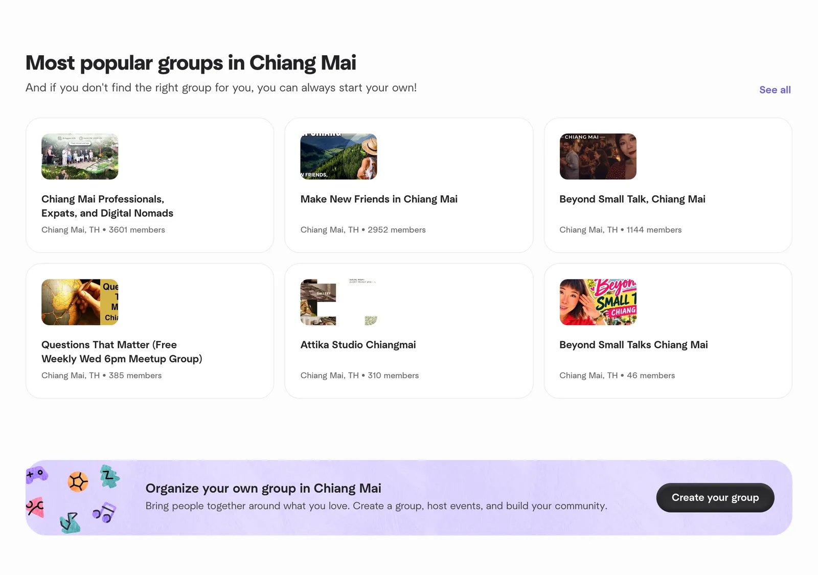 Meetup page with six group cards under the heading Most popular groups in Chiang Mai