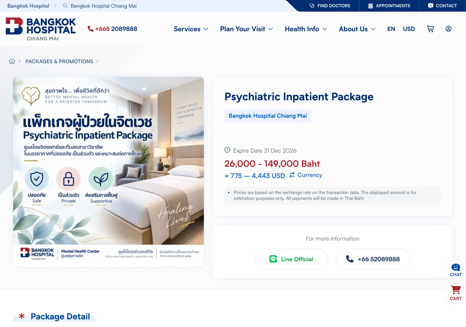 Bangkok Hospital Chiang Mai package page for a psychiatric inpatient package with a price range and a Line contact button.
