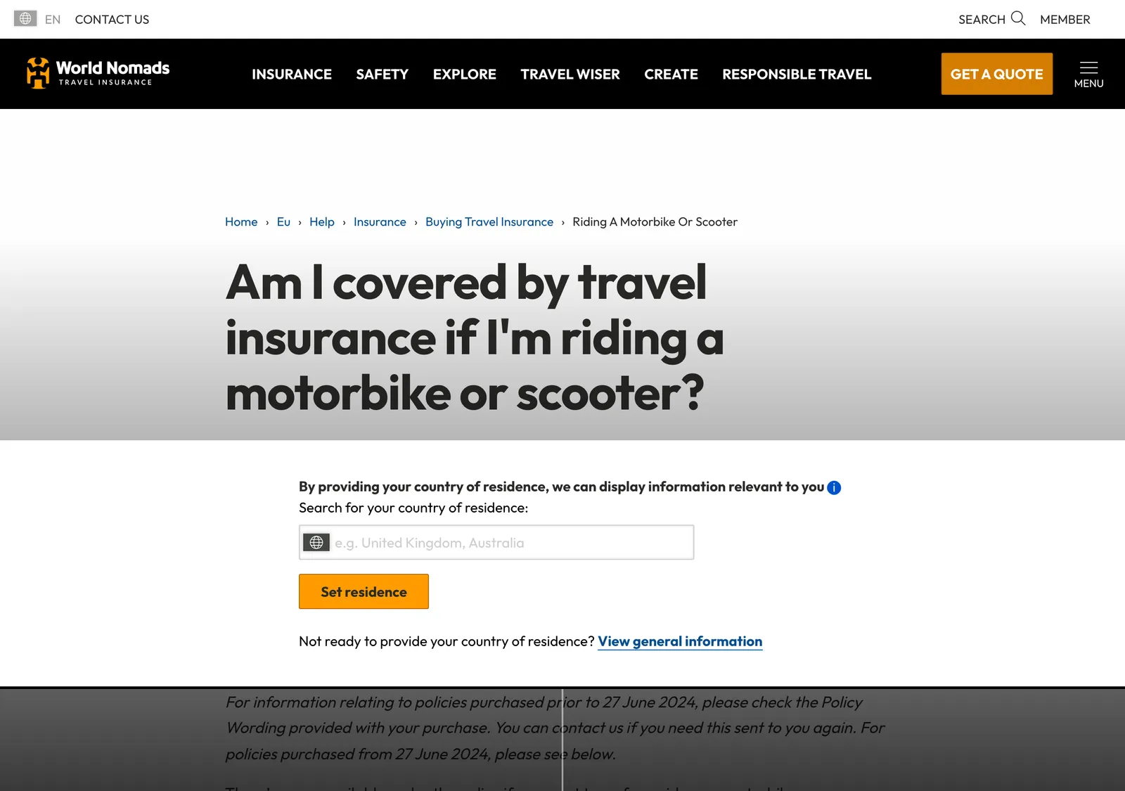World Nomads help page headed with the question about travel insurance for riding a motorbike or scooter, above a country-of-residence search box.