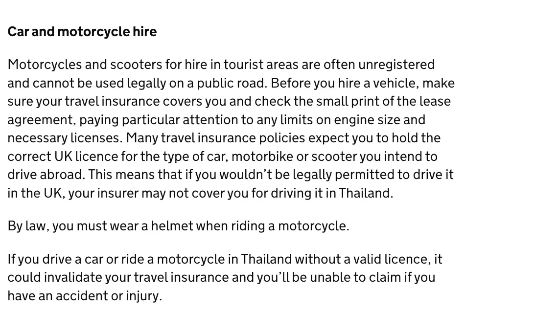 UK government travel advice section titled car and motorcycle hire