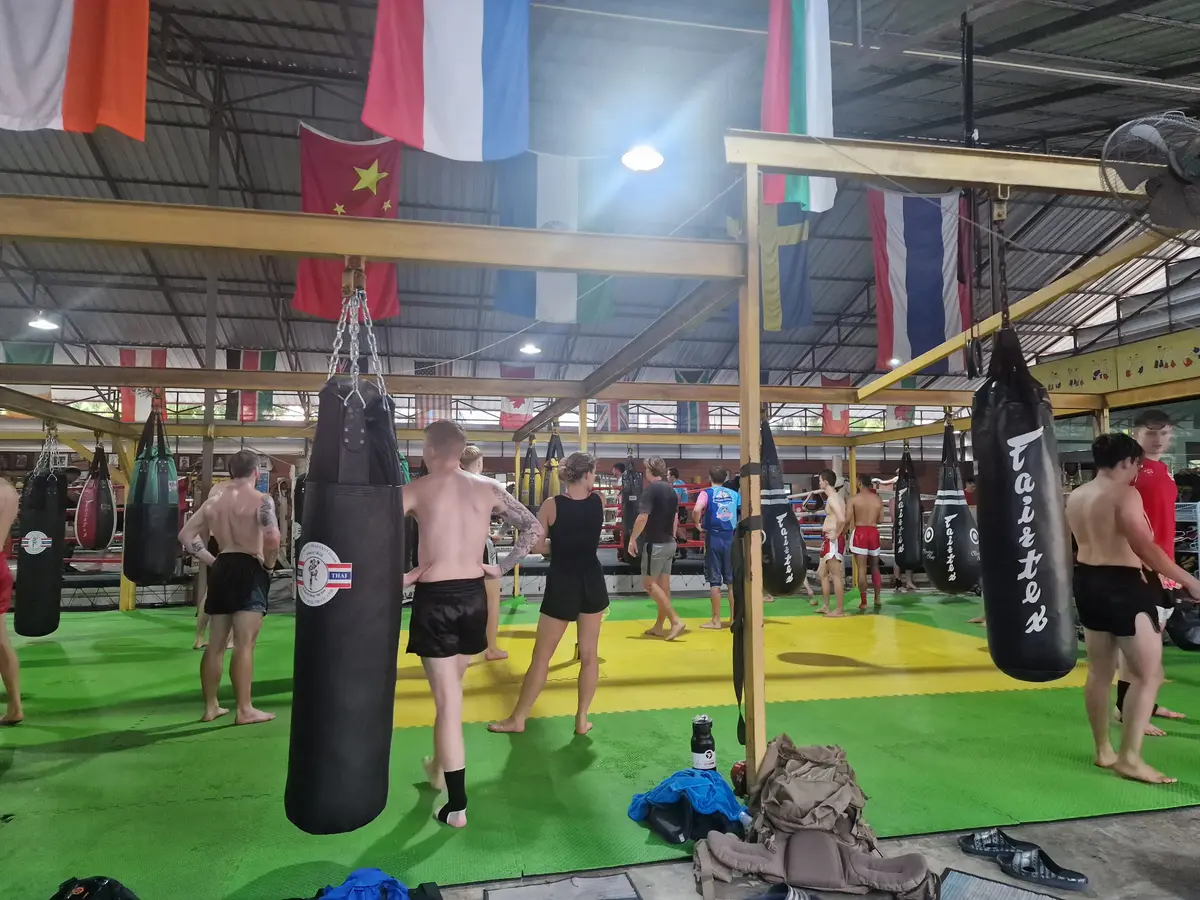 Students at heavy bags on green and yellow mats inside an open-sided gym hall.