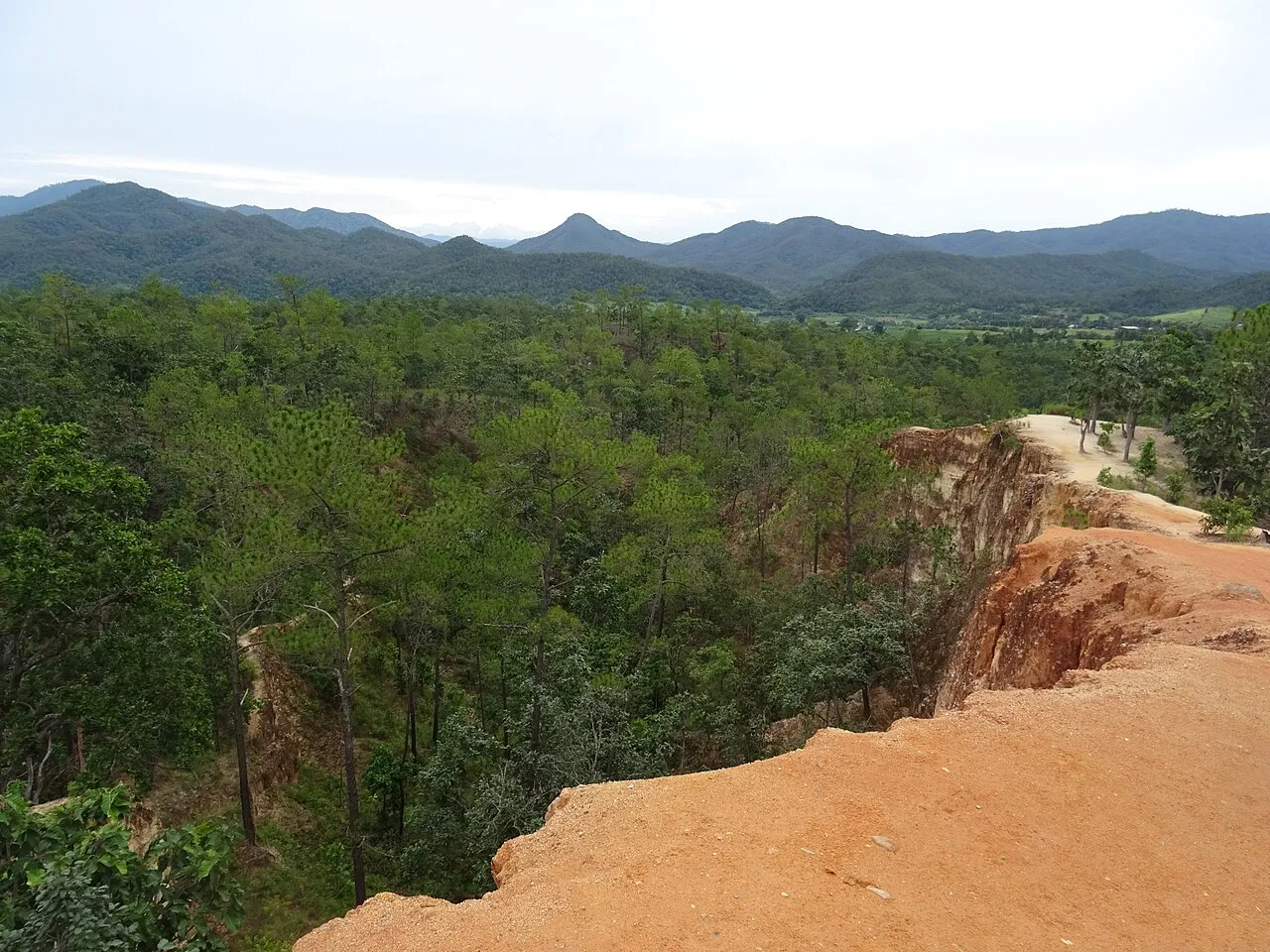 Orange earth ridge edge above green forest and hazy mountains