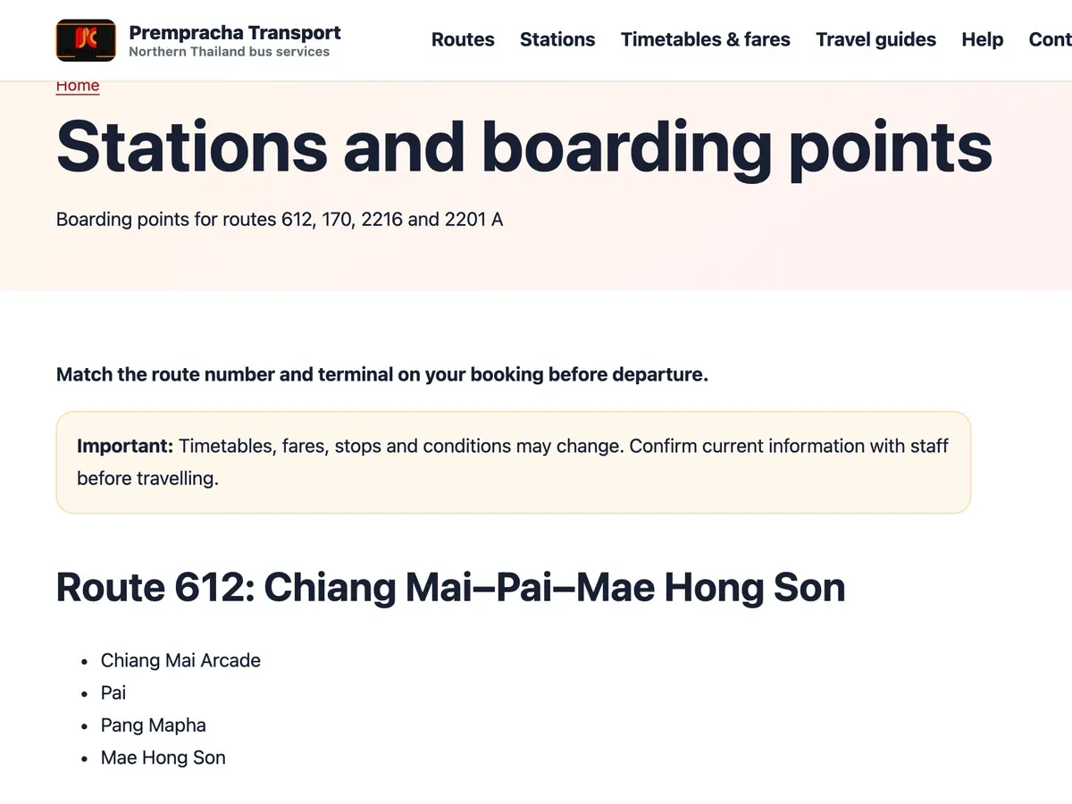 Prempracha Transport web page listing boarding points for its bus routes
