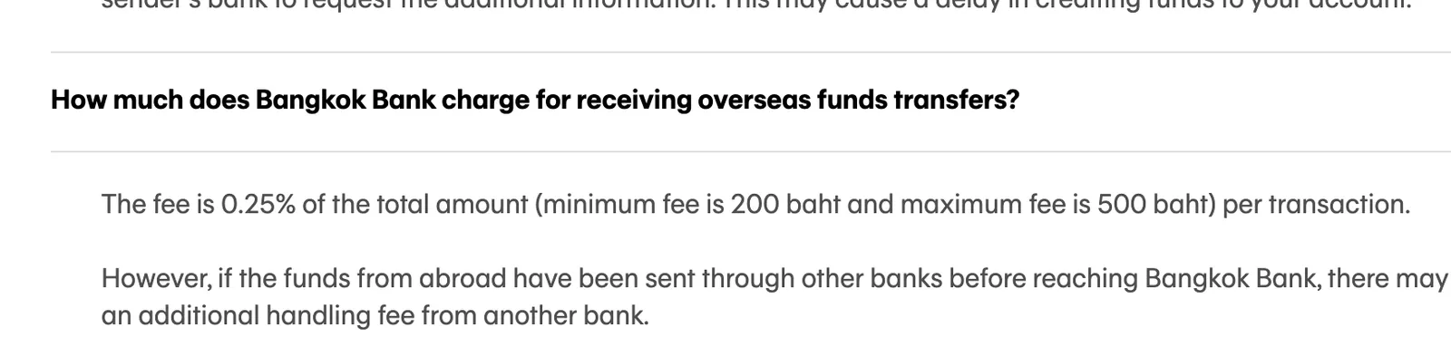 Bangkok Bank FAQ page on transferring funds into Thailand with the question on the receiving charge expanded.