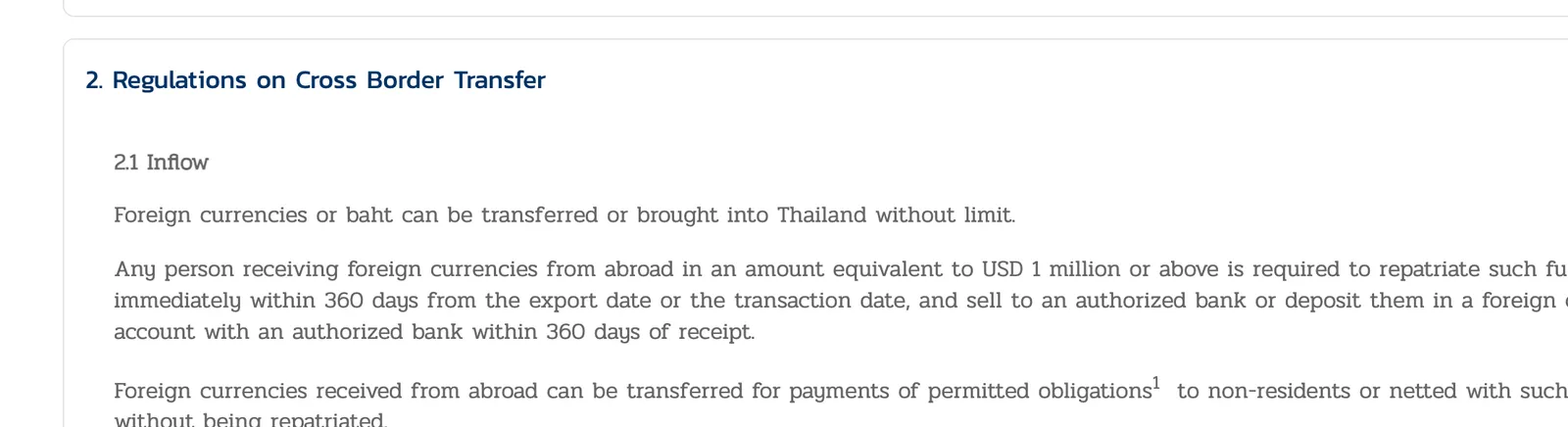 Bank of Thailand summary of exchange control regulations showing the cross border transfer and inflow section.
