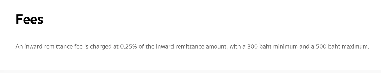 SCB SWIFT Inward Remittance page with a fees heading and a line on the inward remittance fee.