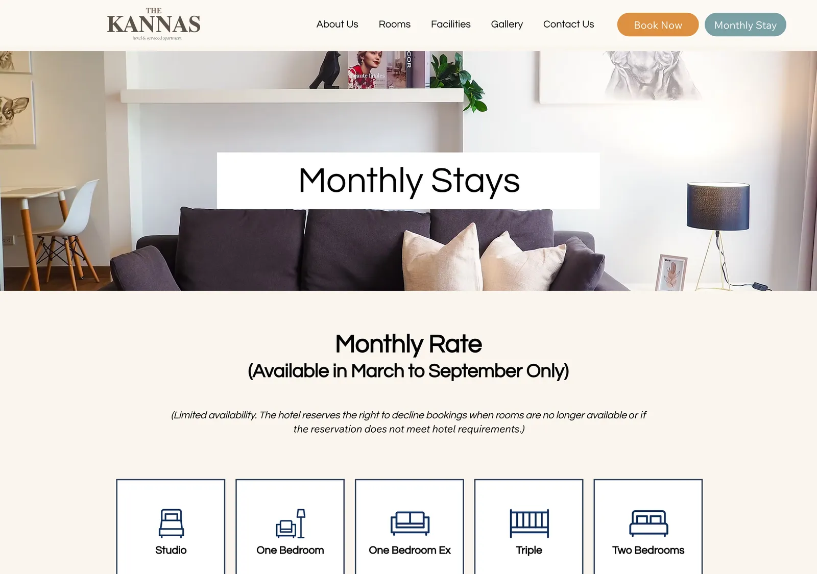 Monthly Stays page header of a serviced apartment website with a note about the months the monthly rate is offered.