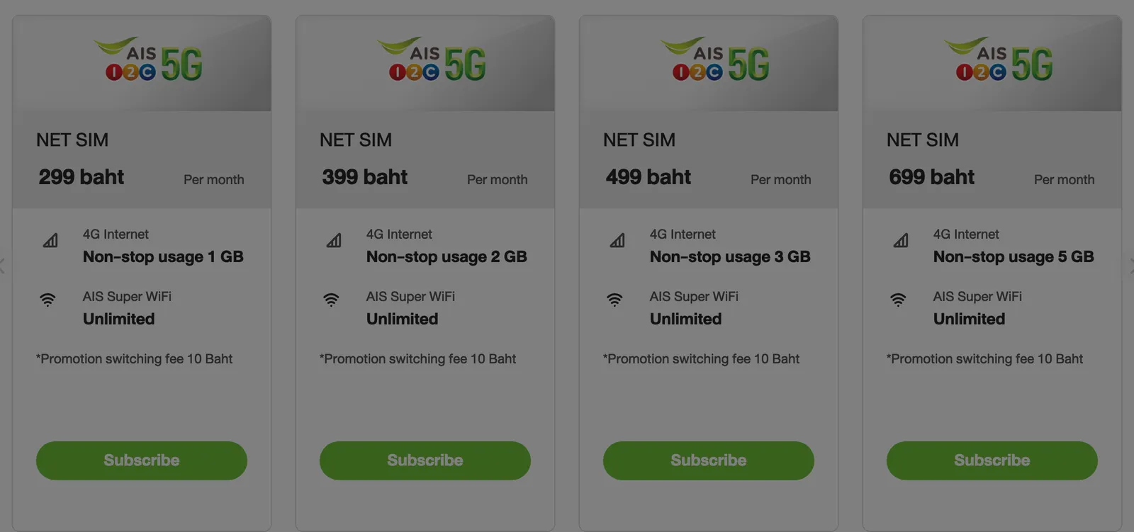 Four AIS NET SIM cards priced 299, 399, 499 and 699 baht per month with 1, 2, 3 and 5 GB of 4G data.