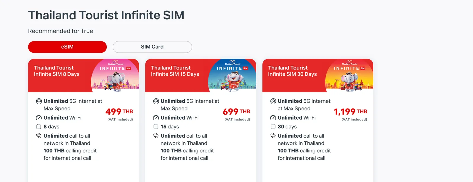 True tourist SIM page with three red package cards for 8, 15 and 30 days, each with a price and a list of inclusions.