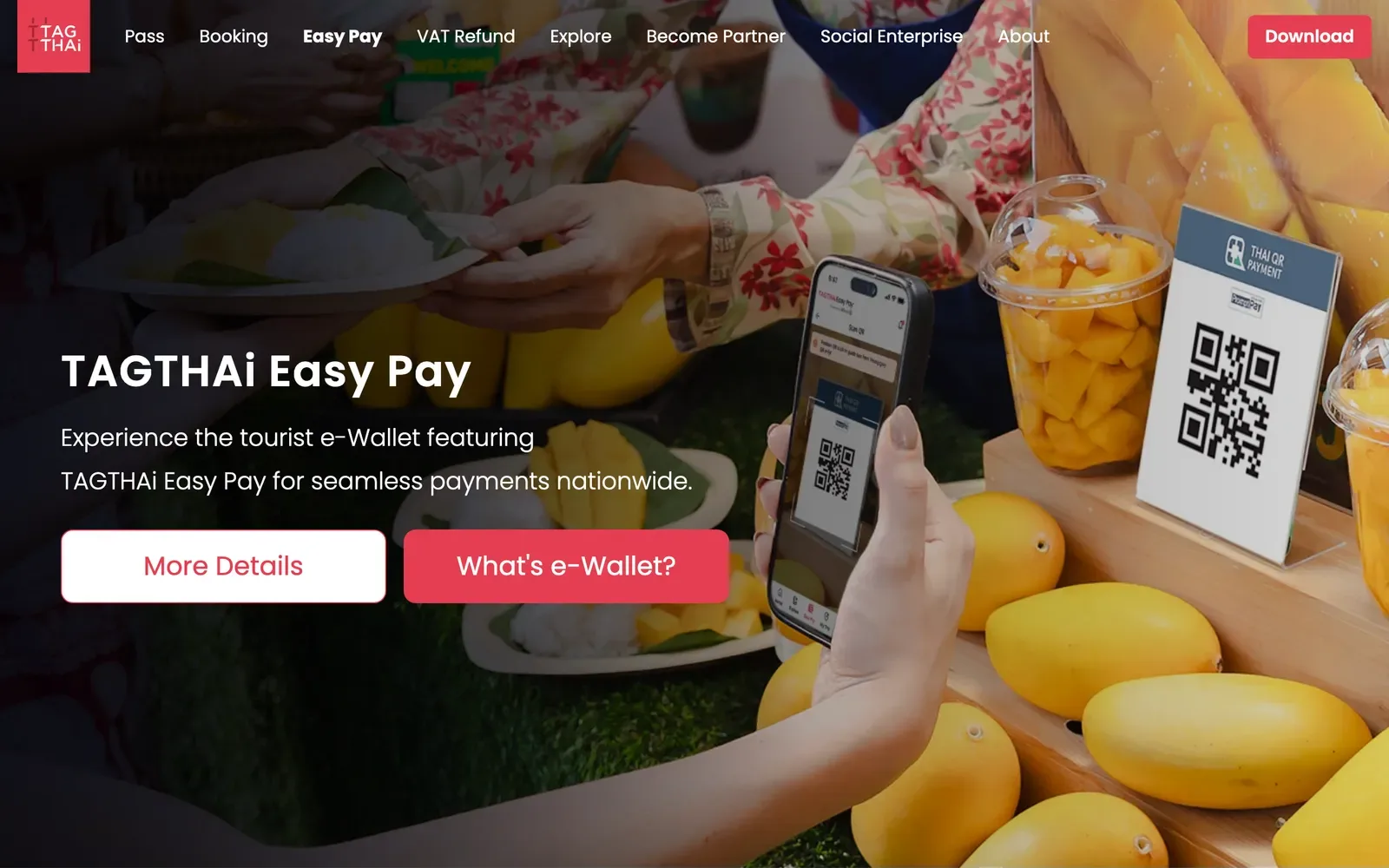 TAGTHAi Easy Pay page header: a hand holding a phone to scan a Thai QR Payment sign at a mango stall.