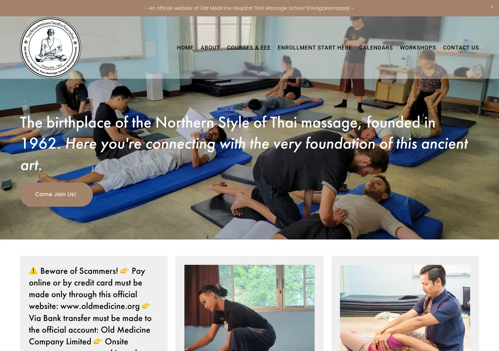 Old Medicine Hospital website home page with a banner about Northern Style Thai massage and students practising on mats.