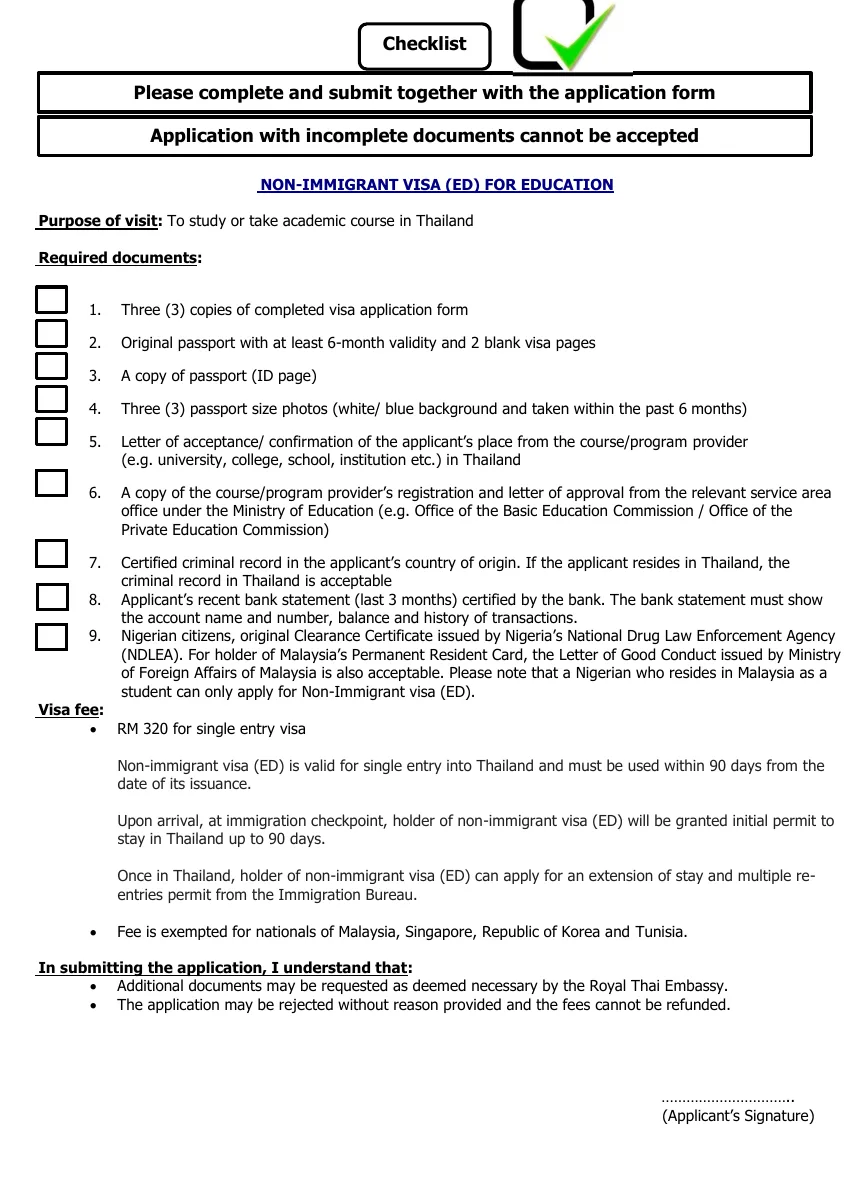 Embassy checklist for the Non-Immigrant ED visa, a numbered list of documents with tick boxes and a visa fee note below.