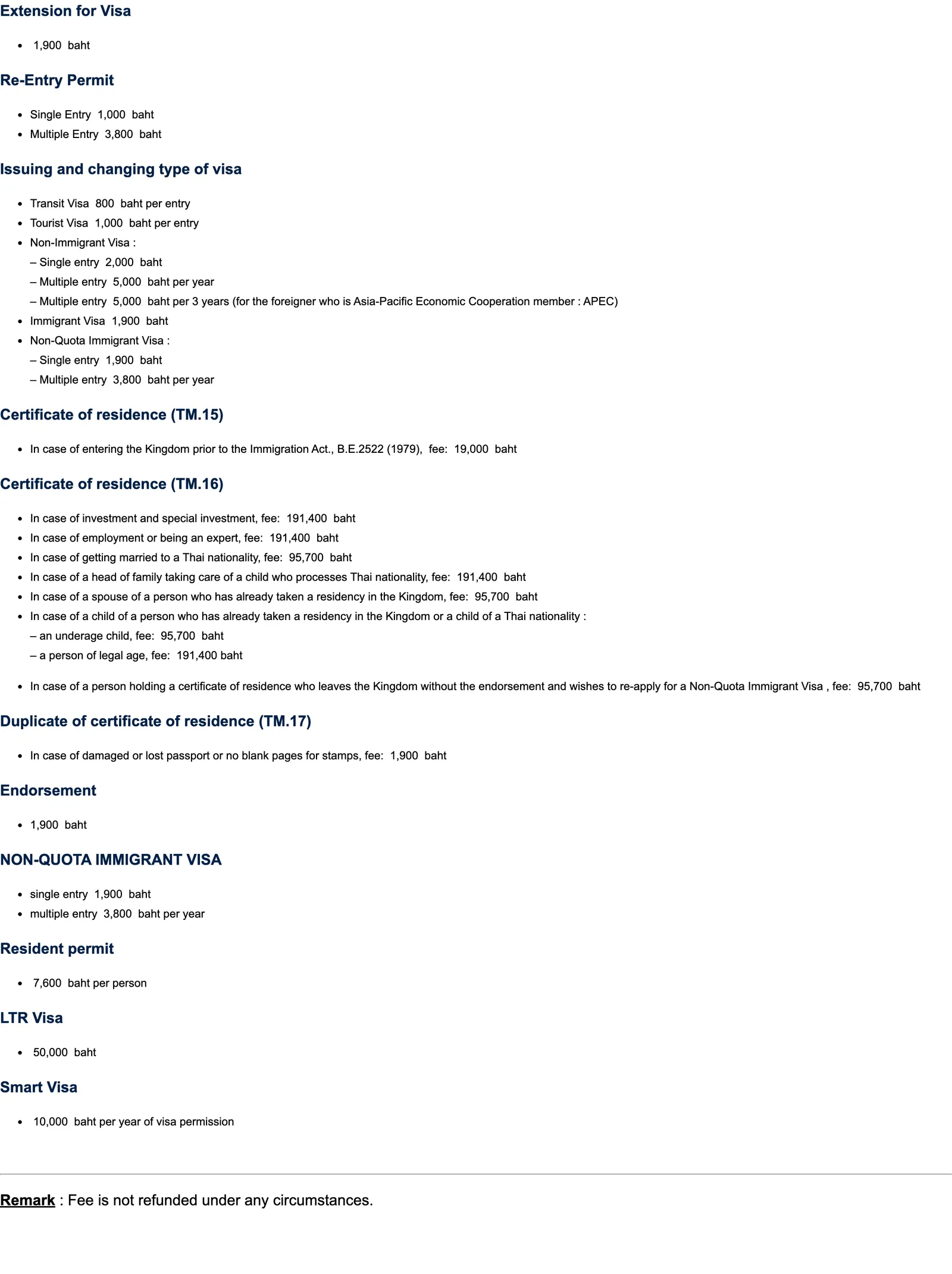 Plain web page listing fees by service: extension, re-entry permit, visas, certificates of residence and others.