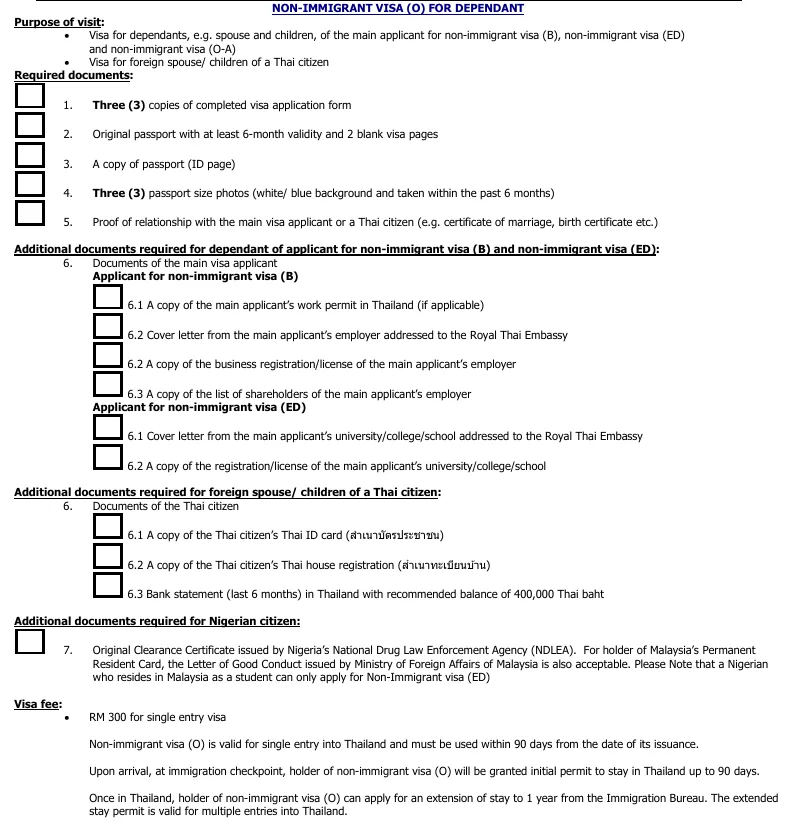 Embassy checklist for the dependant visa with a block of extra documents for the foreign spouse of a Thai citizen, including the Thai citizen's bank statement.