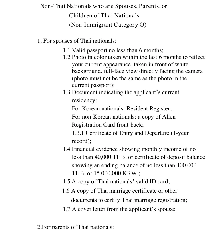 Embassy checklist headed Non-Thai Nationals who are Spouses, Parents, or Children of Thai Nationals, with numbered items for the spouse including the financial evidence line.