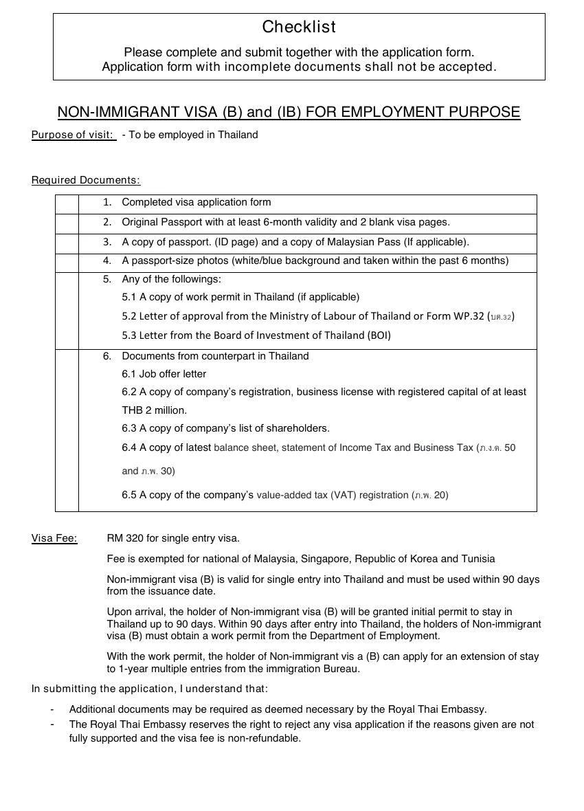 Embassy checklist for the Non-Immigrant B and IB visa for employment, with a numbered document table and a visa fee note.