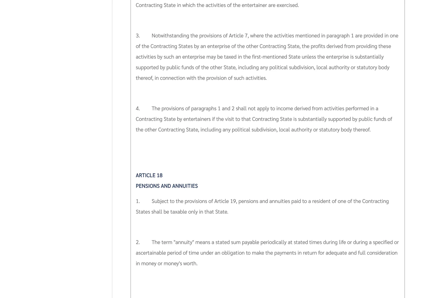 Revenue Department web page showing a treaty article headed Pensions and Annuities with two short paragraphs.