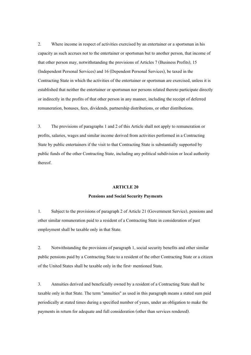 Page of the Thailand-US convention text headed Pensions and Social Security Payments with numbered paragraphs.