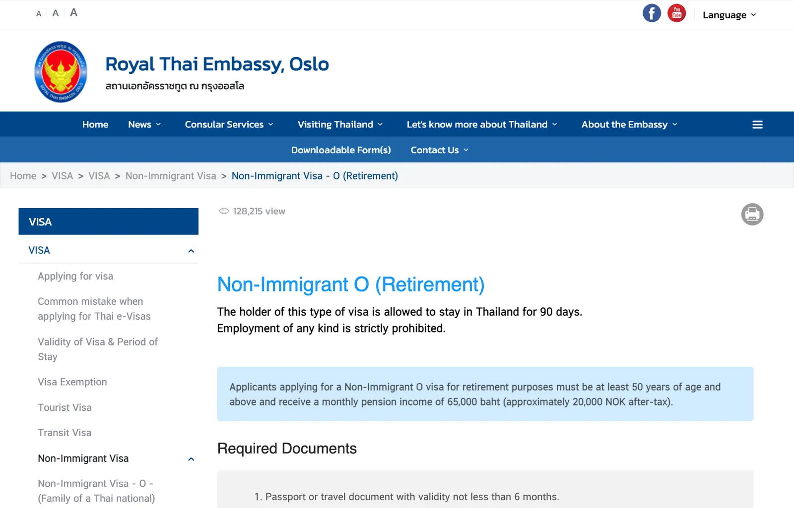 Embassy web page titled Non-Immigrant O Retirement with a short summary box and the start of a numbered document list.