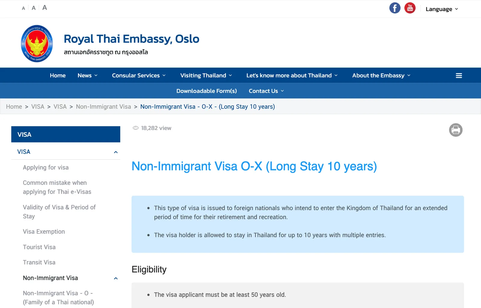 Embassy web page titled Non-Immigrant Visa O-X Long Stay with bullet points about the visa and an eligibility heading.