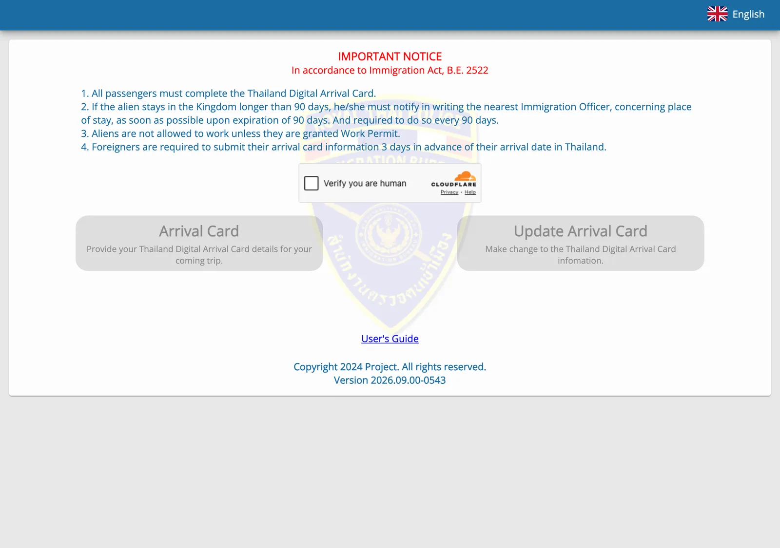 Official Thailand Digital Arrival Card home page with an important notice and two buttons, Arrival Card and Update Arrival Card.