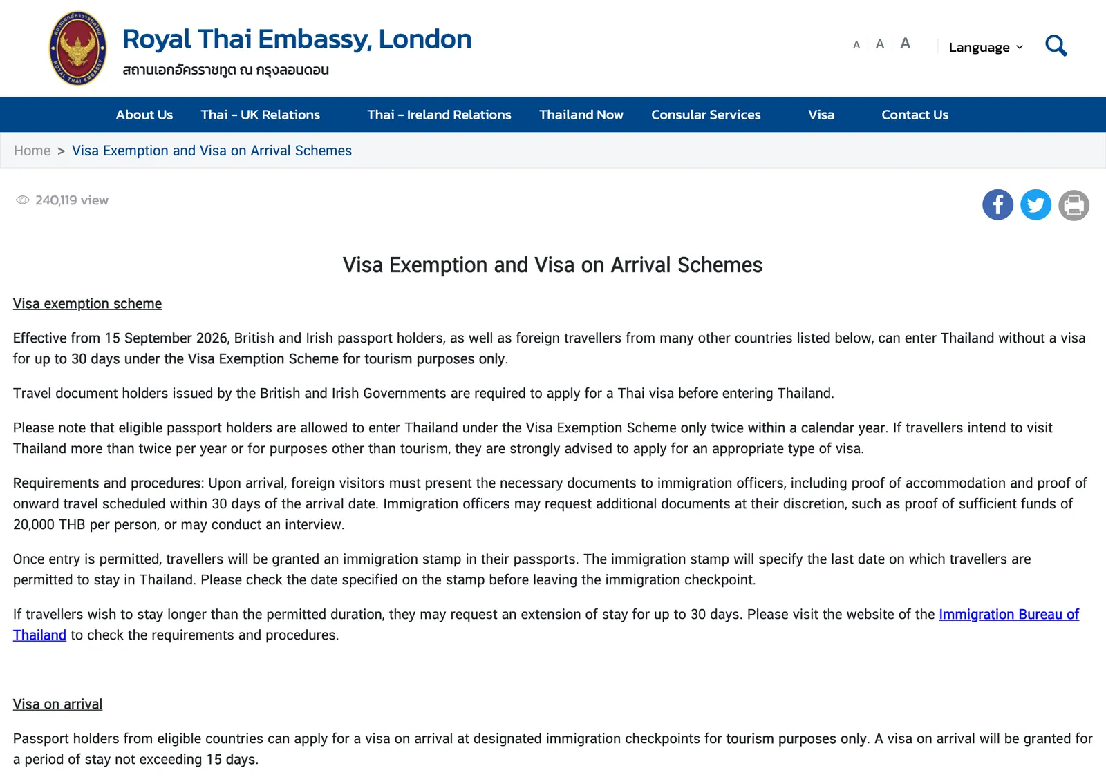 Royal Thai Embassy London web page headed Visa Exemption and Visa on Arrival Schemes, with paragraphs on requirements at entry.