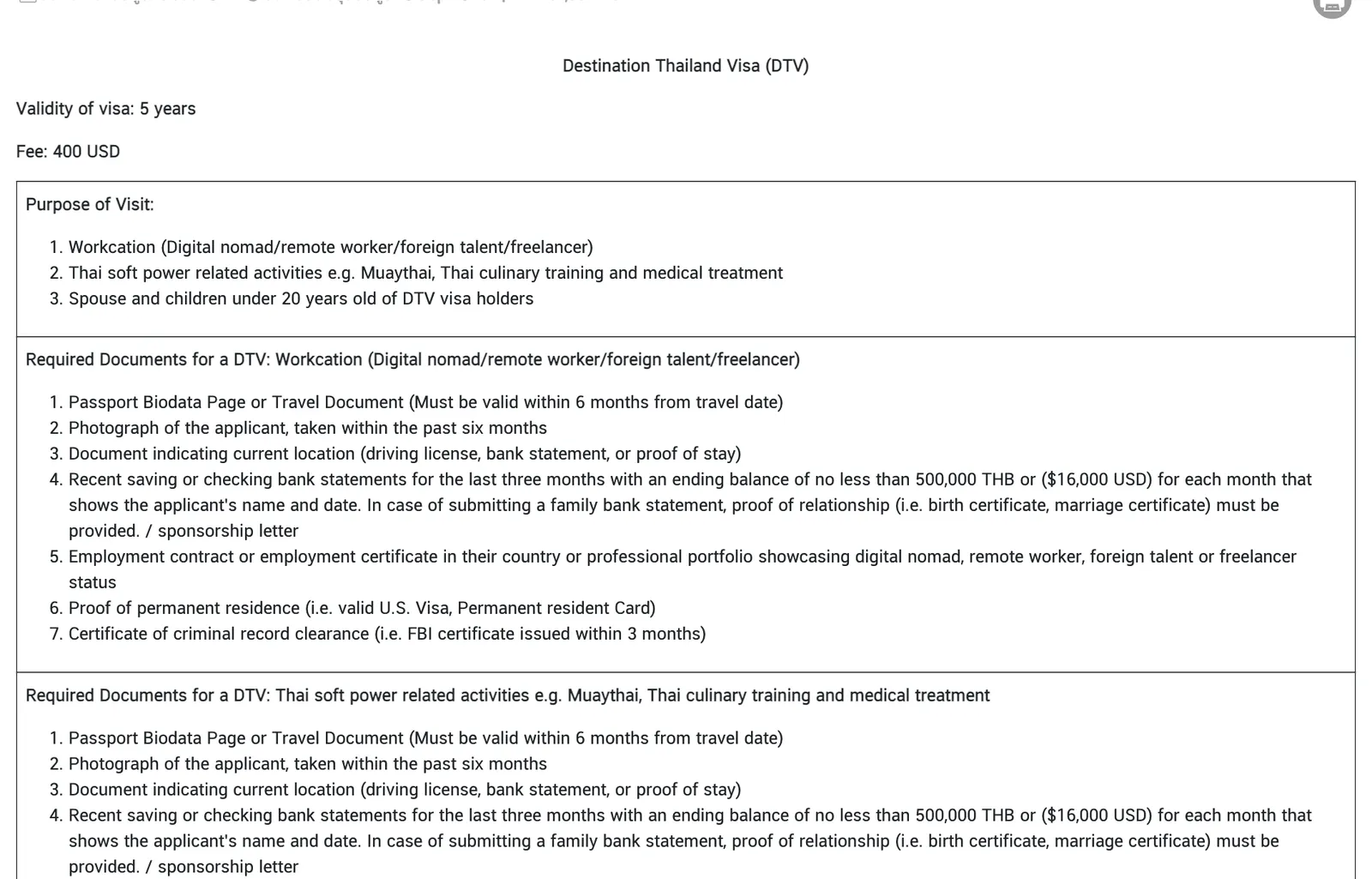 Embassy web page for the Destination Thailand Visa showing the purposes of visit and a numbered document list for remote workers.